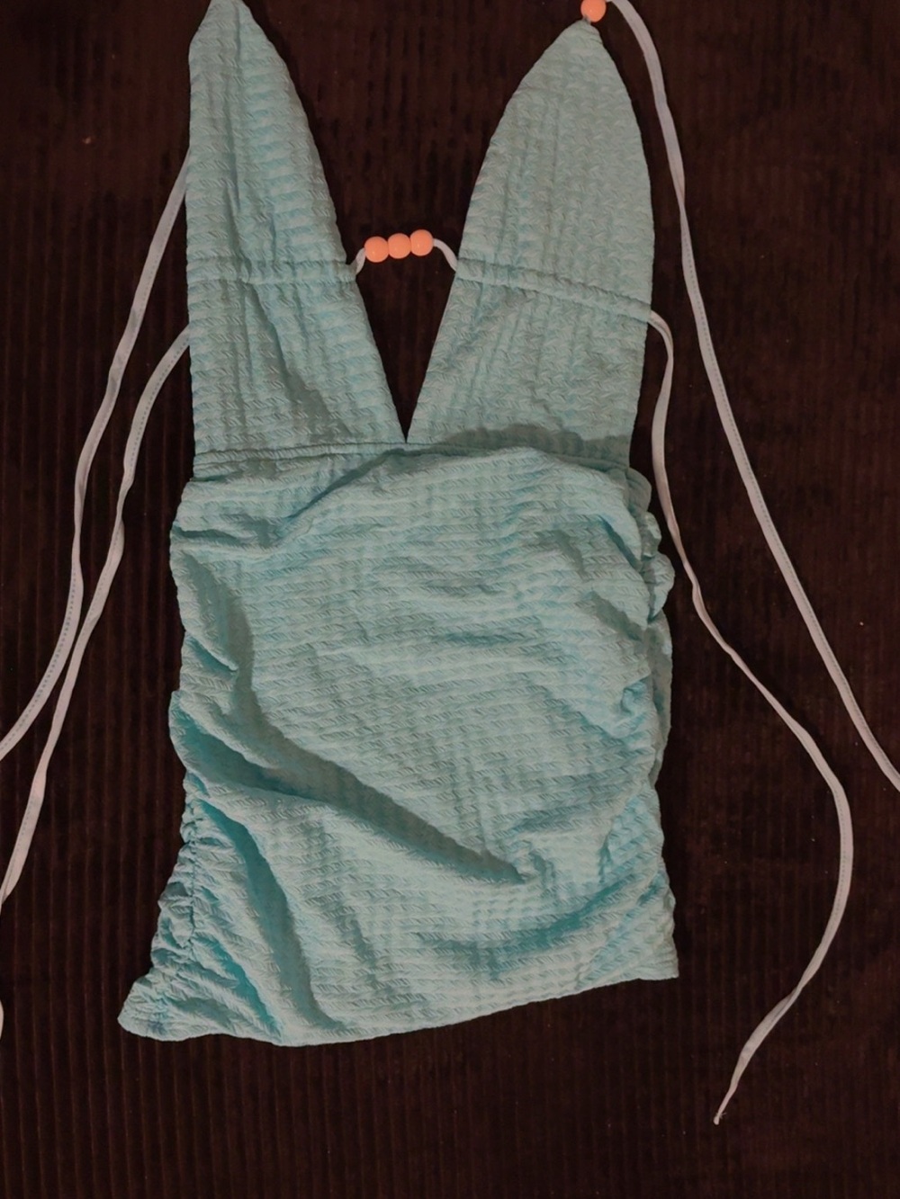 SHEIN Light Teal Textured V-Neck Bodysuit with Bead Detail